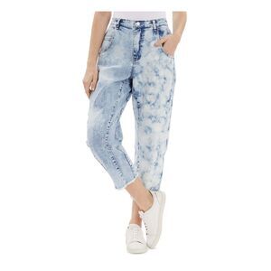 Womens Blue Pocketed Zippered Button Closure Elastic Waist Raw Cropped Jeans 30